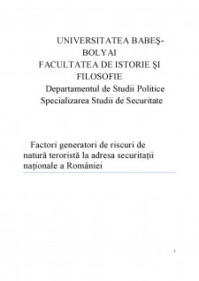 Factori generatori de riscuri de natură teroristă la adresa securitații naționale a României - Pagina 1