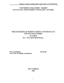 Organizarea și Exercitarea Controlului Financiar Intern în Cadrul SC Tocar Prod SRL - Pagina 2