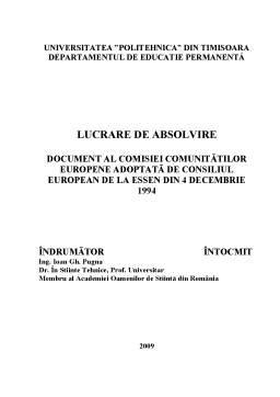 Proiect - Document al Comisiei Comunitătilor Europene Adoptată de Consiliul European de la Essen din 4 Decembrie 1994