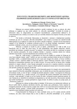 Referat - Influența Tradițiilor Populare Românești Asupra Filosofiei și Religiozității lui Constantin Brâncuși