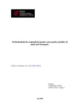 Proiect - Particularități ale Răspunderii Penale a Persoanelor Juridice în Unele Țări Europene