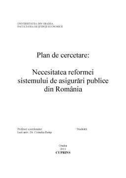 Proiect - Plan de cercetare - necesitatea reformei sistemului de asigurări publice din România