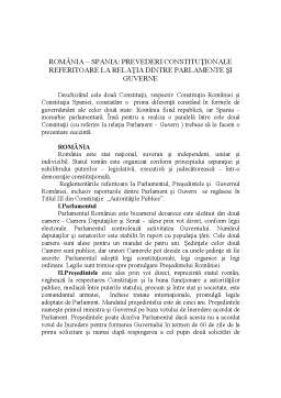 Referat - România-Spania - prevederi constituționale referitoare la relația dintre parlamente și guverne