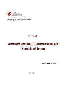 Referat - Aplicabilitatea principiilor descentralizării și subsidiarității