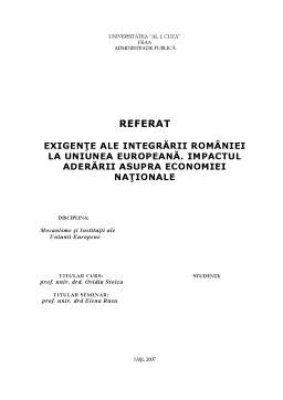 Proiect - Exigențe ale integrării României la Uniunea Europeană - impactul aderării asupra economiei naționale