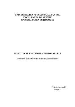 Proiect - Selecția și evaluarea personalului - evaluarea postului de funcționar administrativ