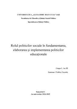 Proiect - Rolul politicilor sociale în fundamentarea, elaborarea și implementarea politicilor educaționale