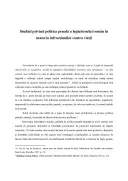 Referat - Studiul privind politica penală a legiuitorului român în materia infracțiunilor contra vieții
