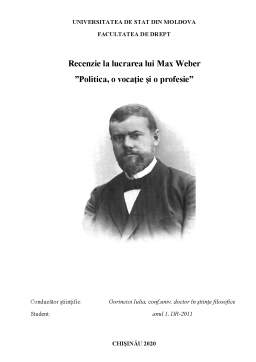 Referat - Recenzie la lucrarea lui Max Weber - Politica, o vocație și o profesie