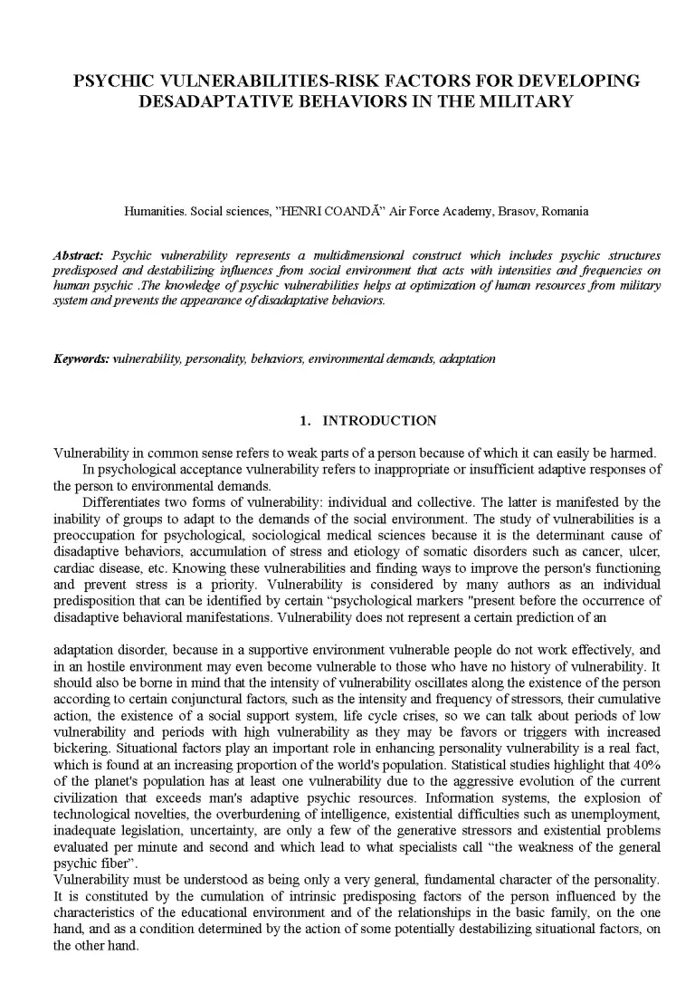 Psychic Risk Psychic vulnerabilities-risk factors for developing desadaptative ...