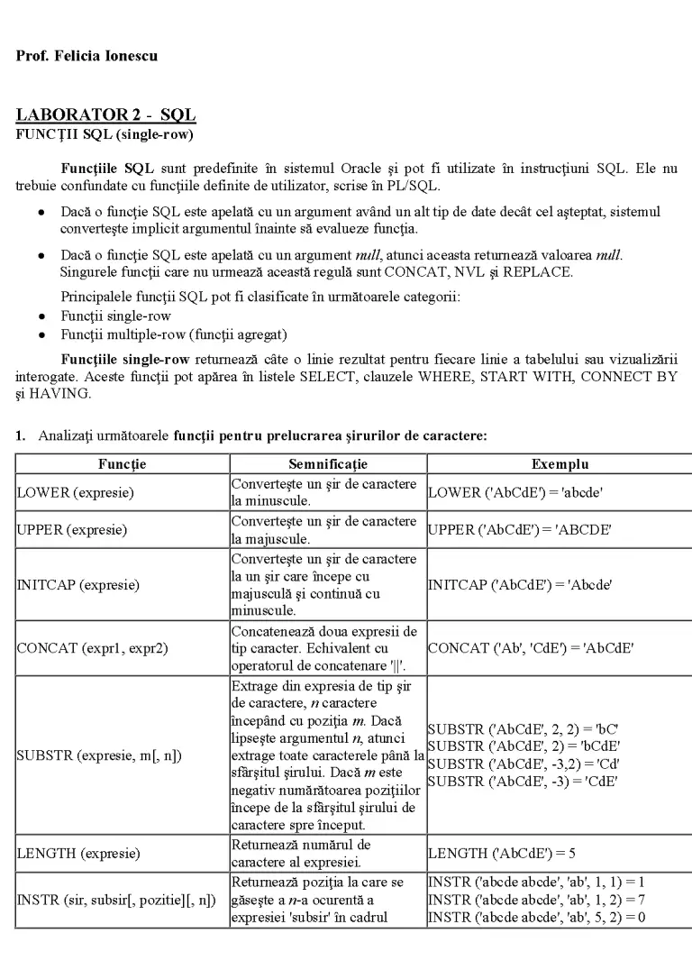 Funcții SQL - single row - Laborator - Birotică #60818 | RegieLive