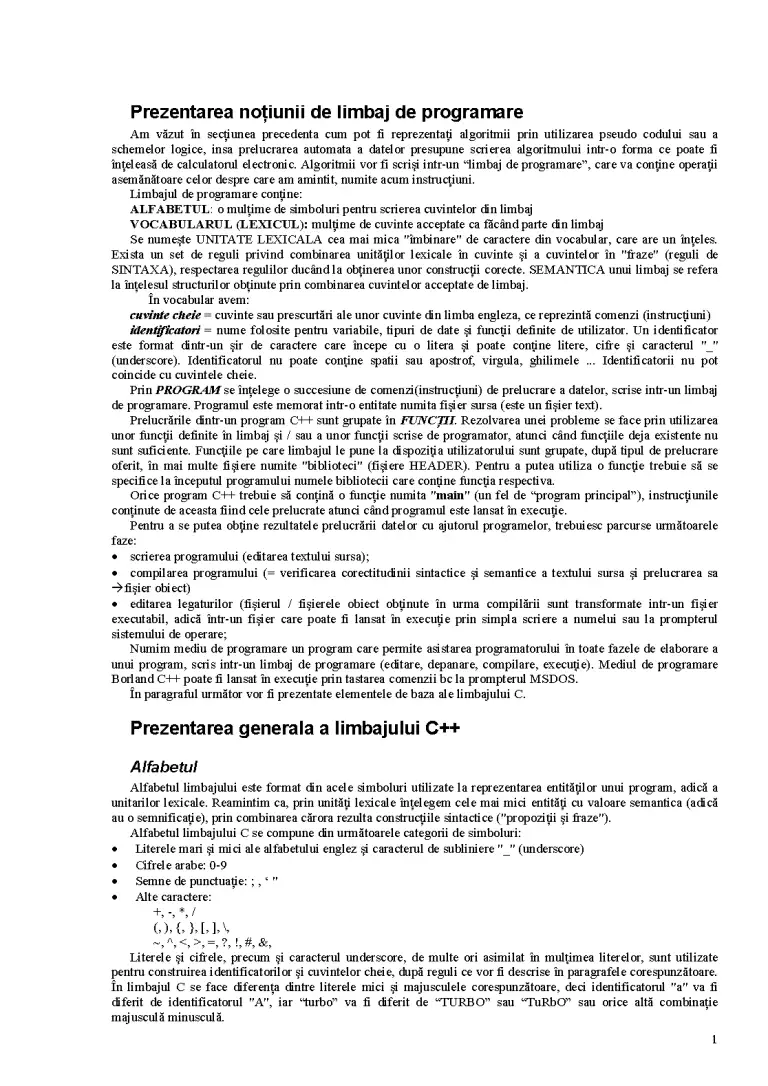 Prezentarea noțiunii de limbaj de programare C++ - Curs - Limbaje de ...